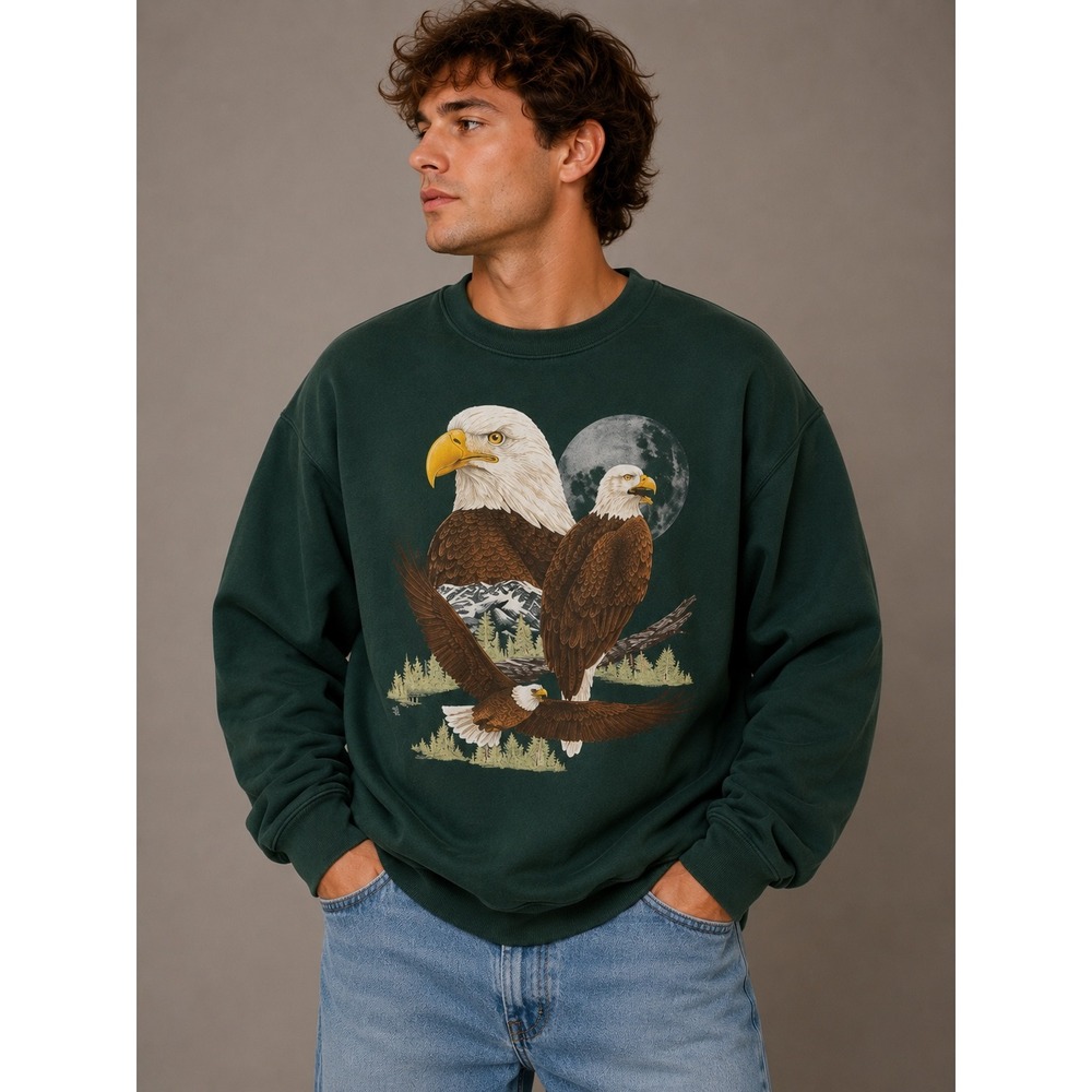 Vintage Cotton Grove Designs Bald Eagle Graphic Sweatshirt Green Large USA Made